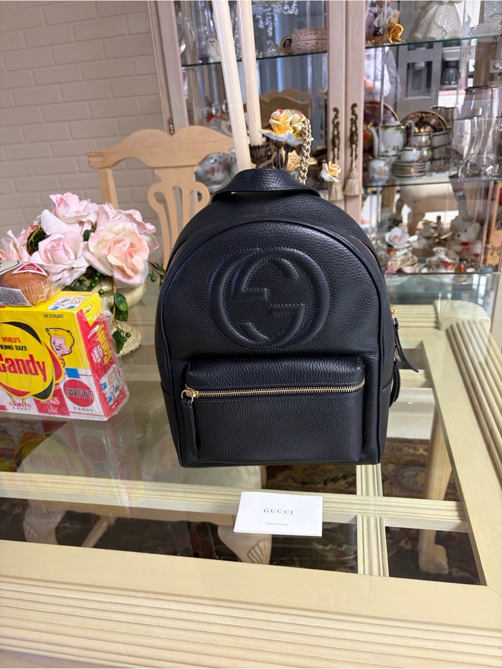 Gucci Black Pebbled Leather Logo Mini Backpack with Gold Hardware